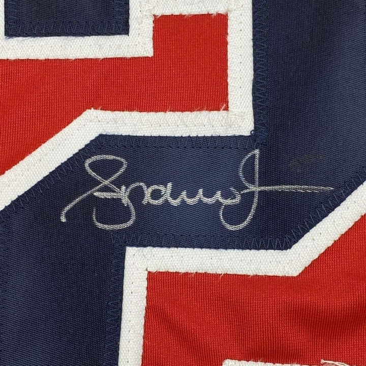Framed Autographed/Signed Andruw Jones 35x39 Atlanta Red Jersey PSA/DNA COA
