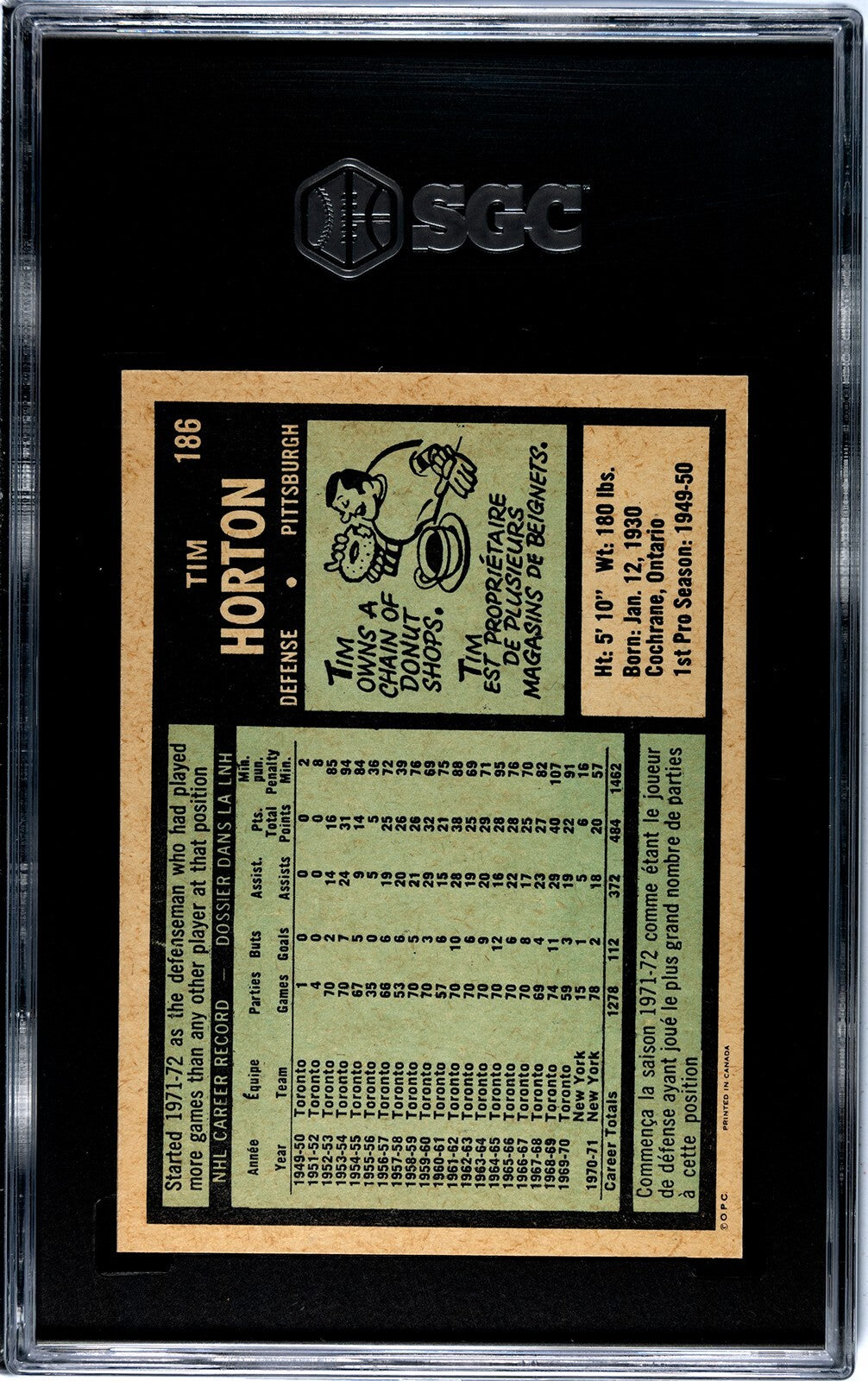 Tim Horton 1971-72 O-Pee-Chee Card #186- SGC Graded 5 EX (Pittsburgh Penguins)