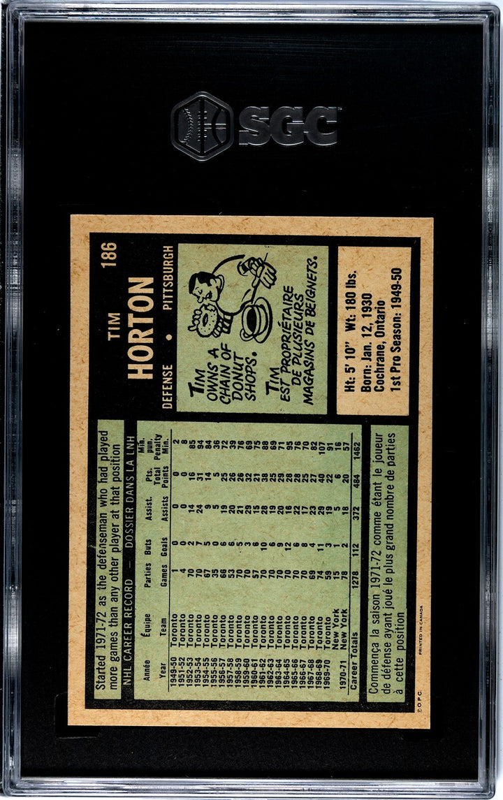 Tim Horton 1971-72 O-Pee-Chee Card #186- SGC Graded 5 EX (Pittsburgh Penguins)