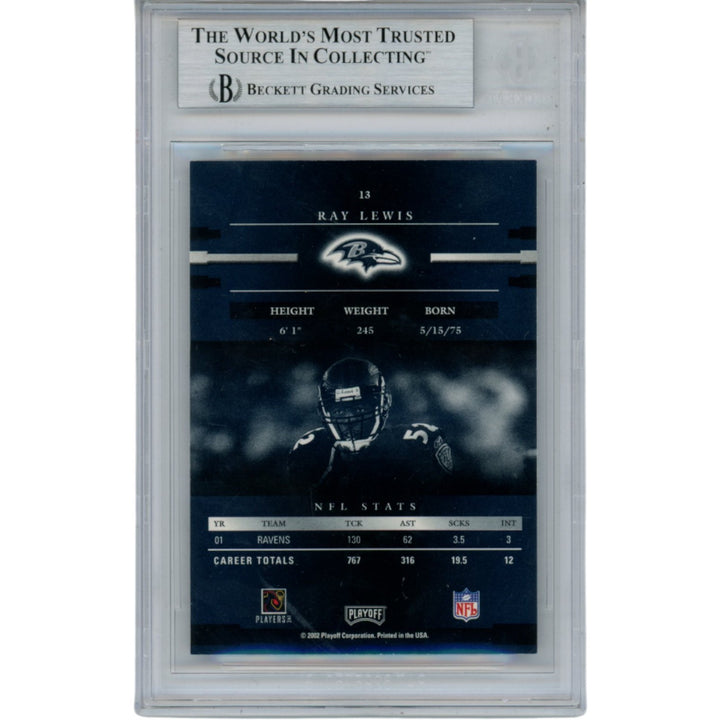 Ray Lewis Autographed/Signed 2002 Prestige #13 Trading Card Slab Beckett 53481