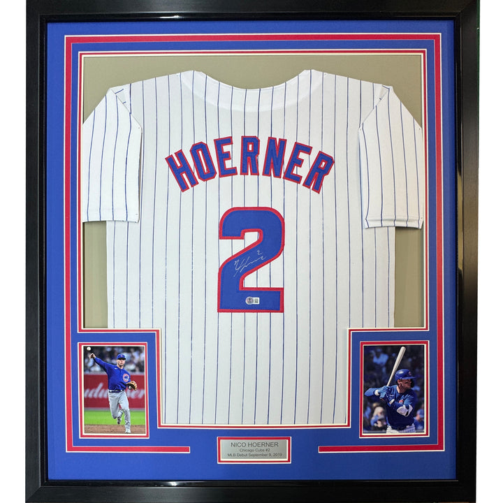 Framed Autographed/Signed Nico Hoerner 35x39 Pinstripe Jersey Beckett BAS COA
