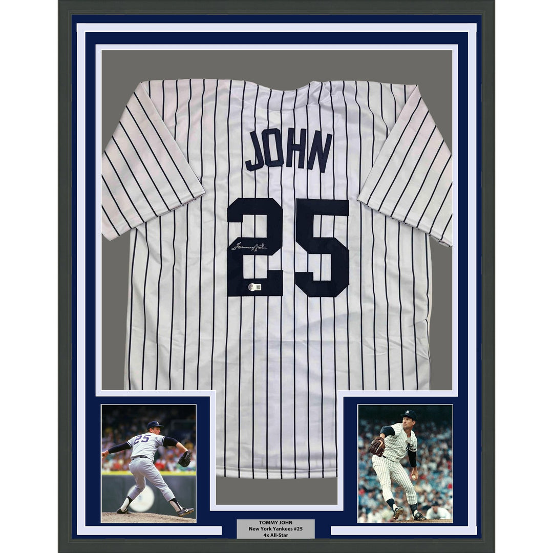 Framed Signed Tommy John 35x39 New York Pinstripe Jersey Beckett COA
