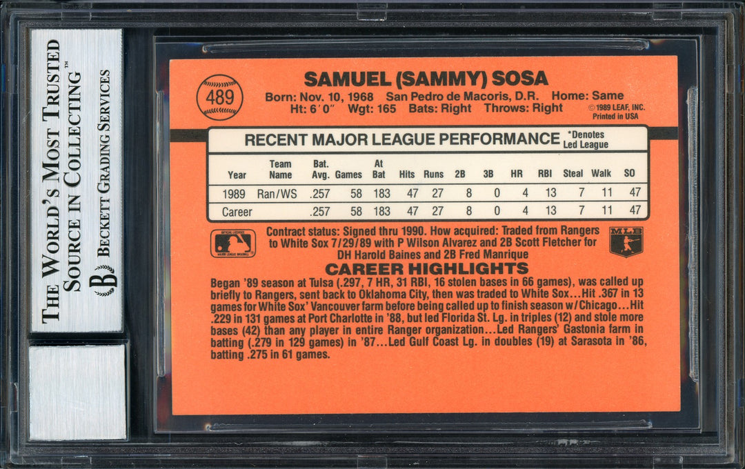 Sammy Sosa Signed 1990 Donruss RC #489 Chicago White Sox Auto Grade 10 Beckett