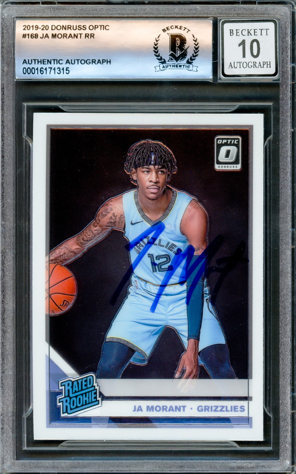 Ja Morant Auto 2019-20 Donruss Optic Rated Rookies RC 168 Sig 10 Beckett