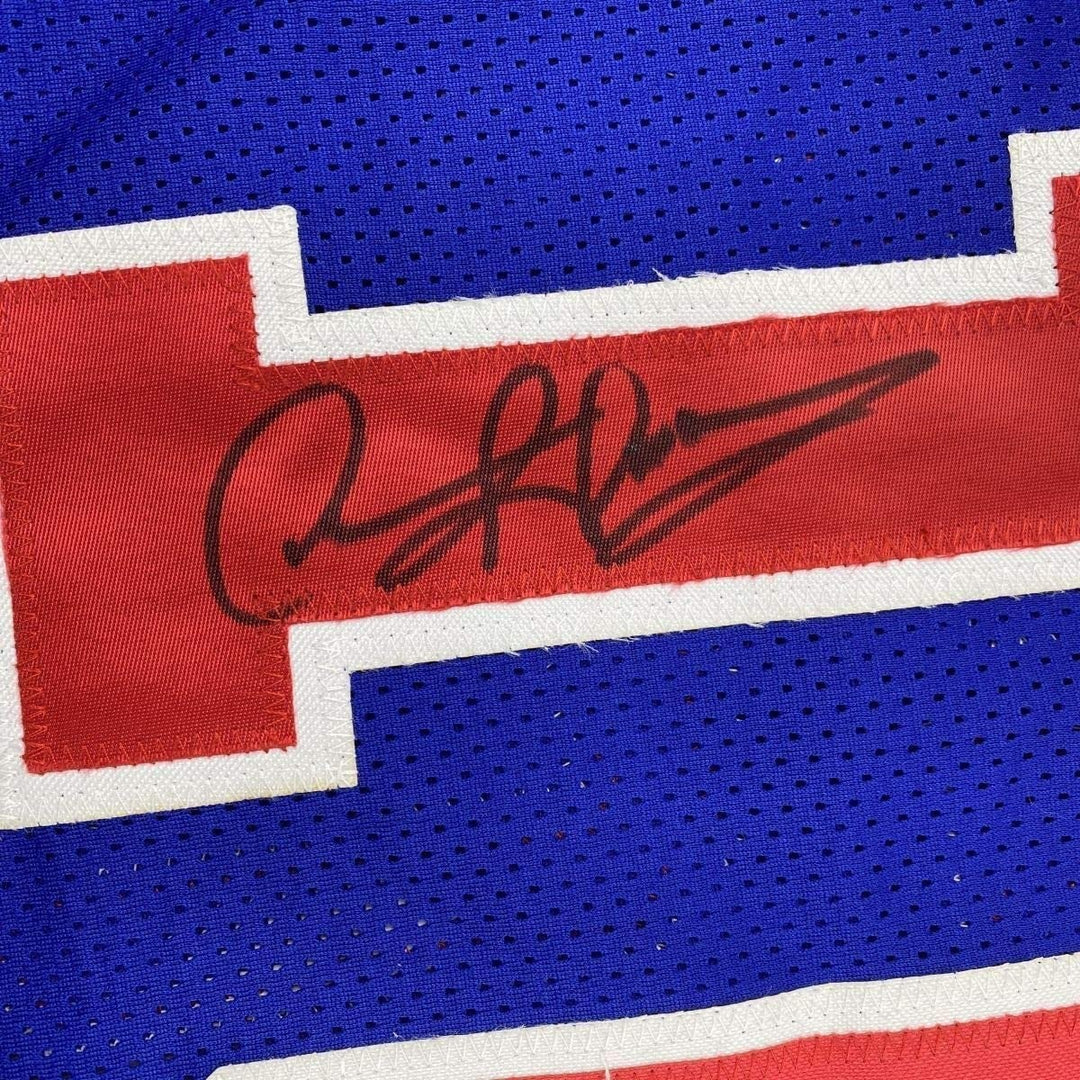 Framed Autographed/Signed Dennis Rodman 35x39 Detroit Blue Jersey PSA COA