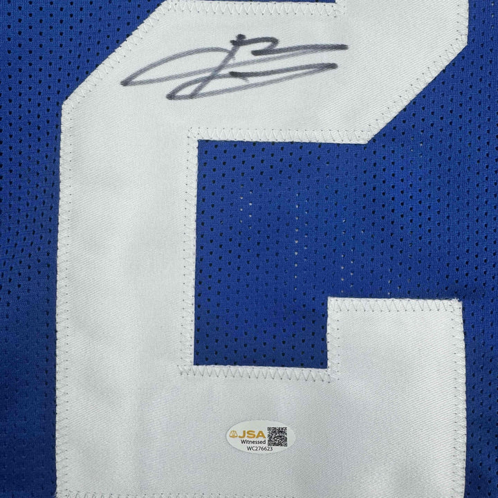 Autographed/Signed Brandon Jacobs New York Blue Football Jersey Beckett BAS COA