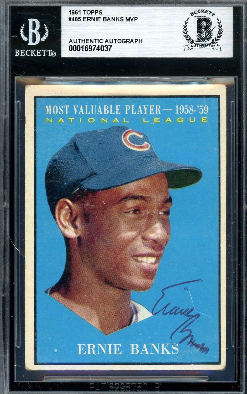 Ernie Banks Beckett BAS Signed 1961 Topps 1958 59 MVP Autograph