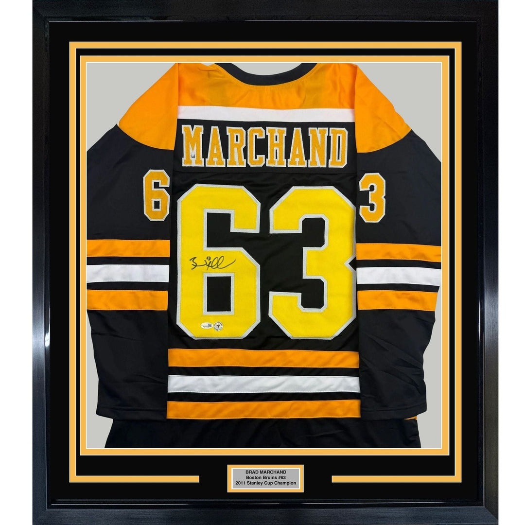 Framed Autographed/Signed Brad Marchand 35x39 Boston Black Jersey JSA COA
