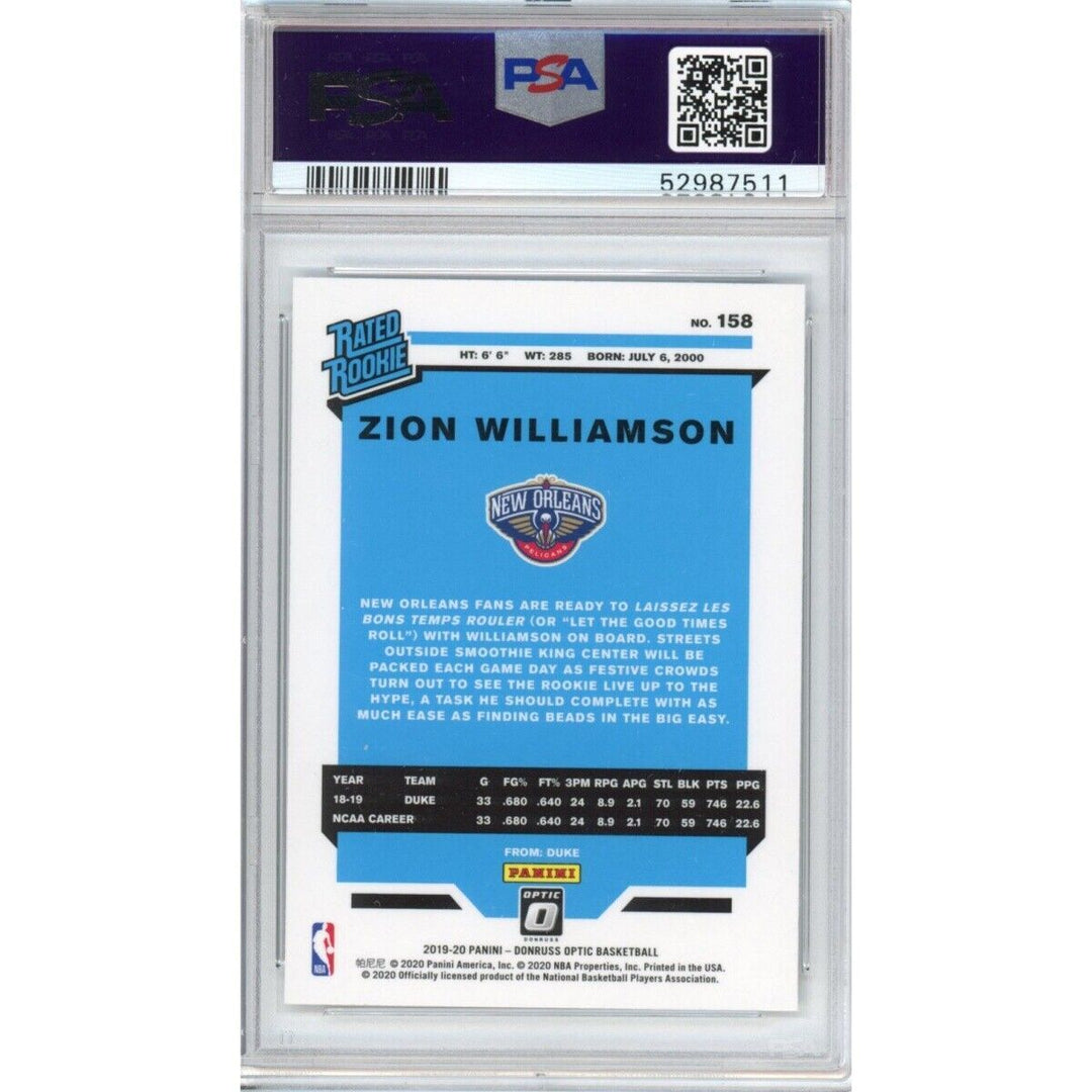 Graded 2019-20 Panini Donruss Optic ZION WILLIAMSON #158 Rookie RC Card PSA 10