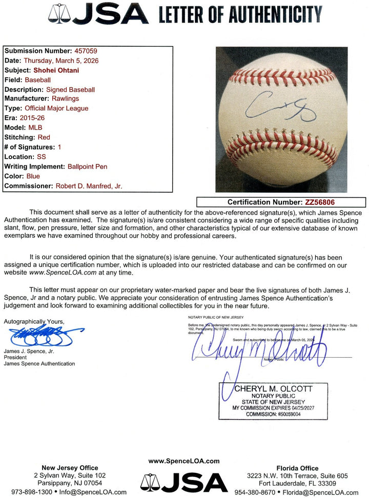 Shohei Ohtani Autographed OMLB Baseball Los Angeles Dodgers Signed MLB Holo JSA