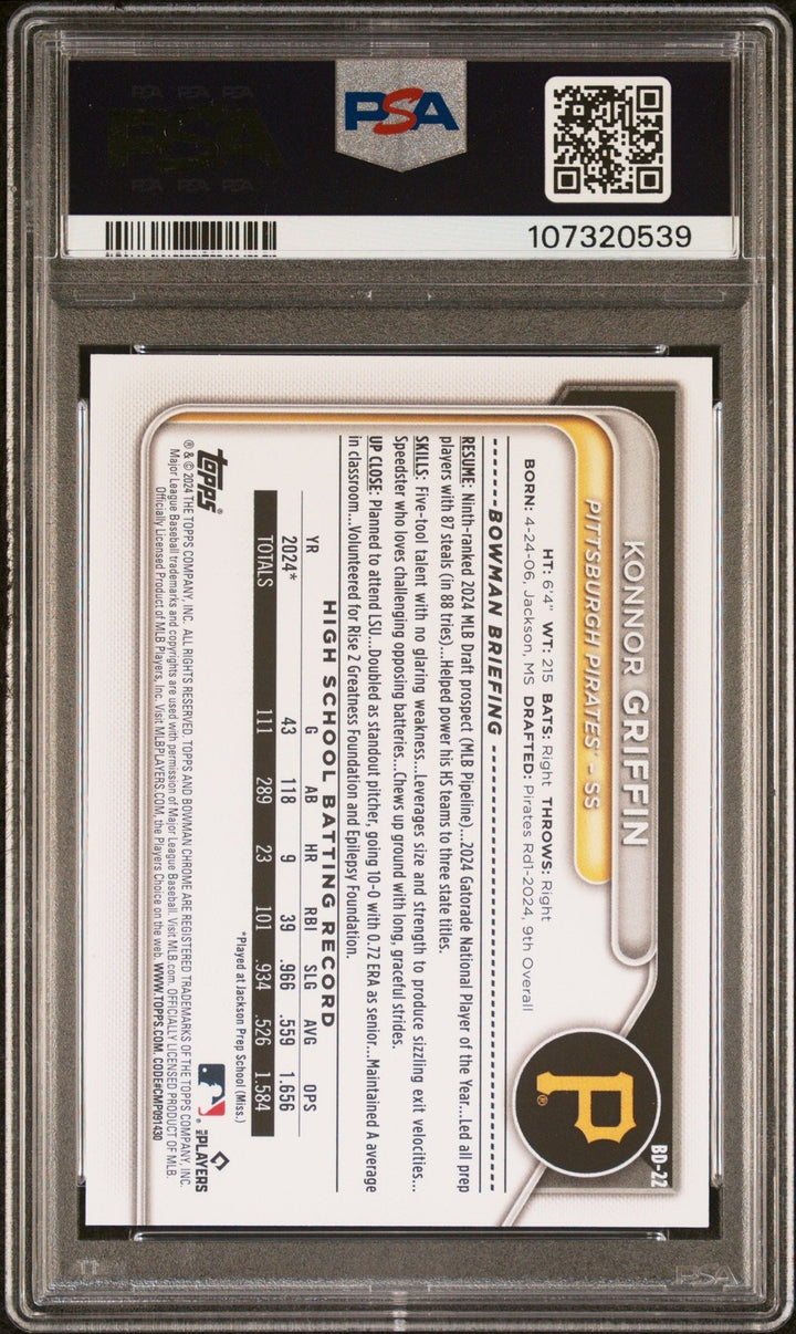 Graded 2024 Topps Bowman Draft Konnor Griffin #BD22 Rookie Card PSA 10