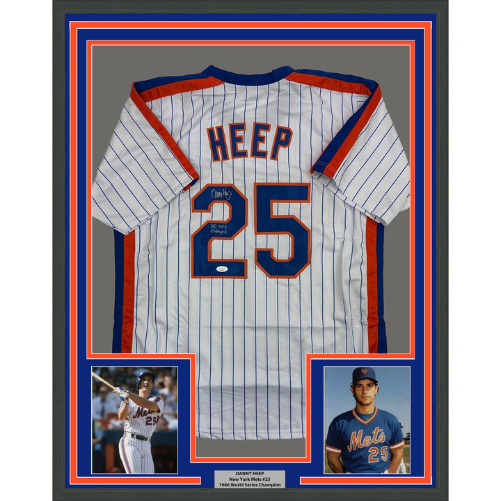 Framed Autographed/Signed Danny Heep 35x39 New York Pinstripe Jersey JSA COA