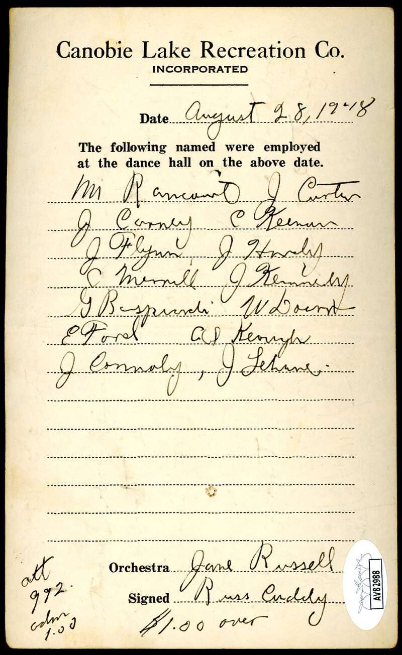 Jane Russell JSA Coa Signed 1948 Concert Payment Receipt Autograph