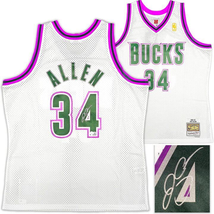 Bucks Ray Allen Auto White Auth Mitchell Ness 96-97 Swingman Jersey XL BAS