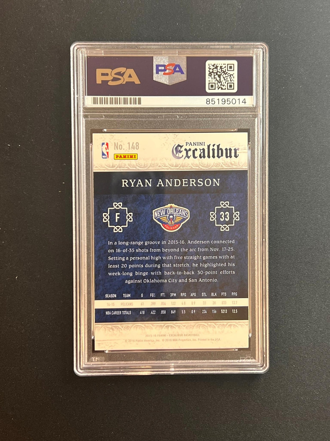 2015-16 Panini Excalibur #148 Ryan Anderson Signed Card AUTO PSA Slabbed Pelican