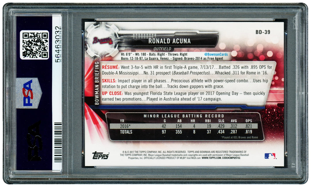 Ronald Acuna Jr. Auto 2017 Bowman Draft RC BD39 Braves PSA 9 Auto GM 10 PSA/DNA