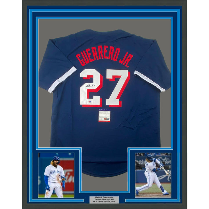 Framed Autographed/Signed Vladimir Vlad Guerrero Jr 33x42 Blue Jersey PSA COA