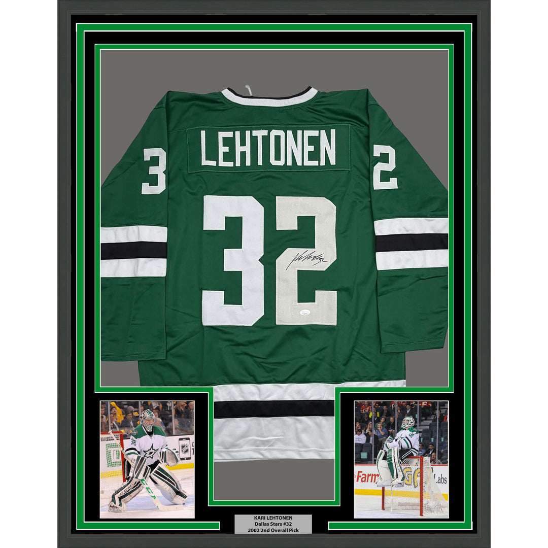 Framed Autographed/Signed Kari Lehtonen 35x39 Dallas Green Hockey Jersey JSA COA