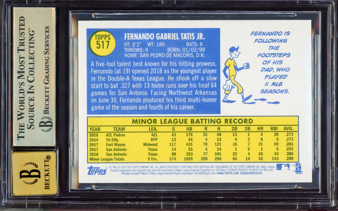 Fernando Tatis Jr Auto 2019 Topps Heritage RC 517 Padres BGS 9.5 Sig 10 BAS