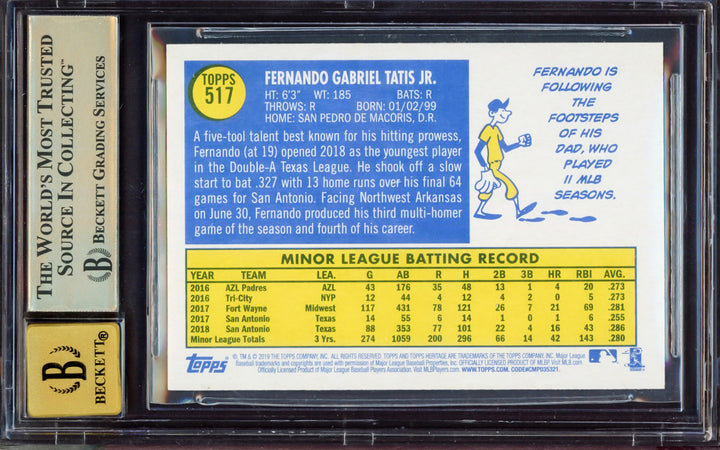 Fernando Tatis Jr Auto 2019 Topps Heritage RC 517 Padres BGS 9.5 Sig 10 BAS