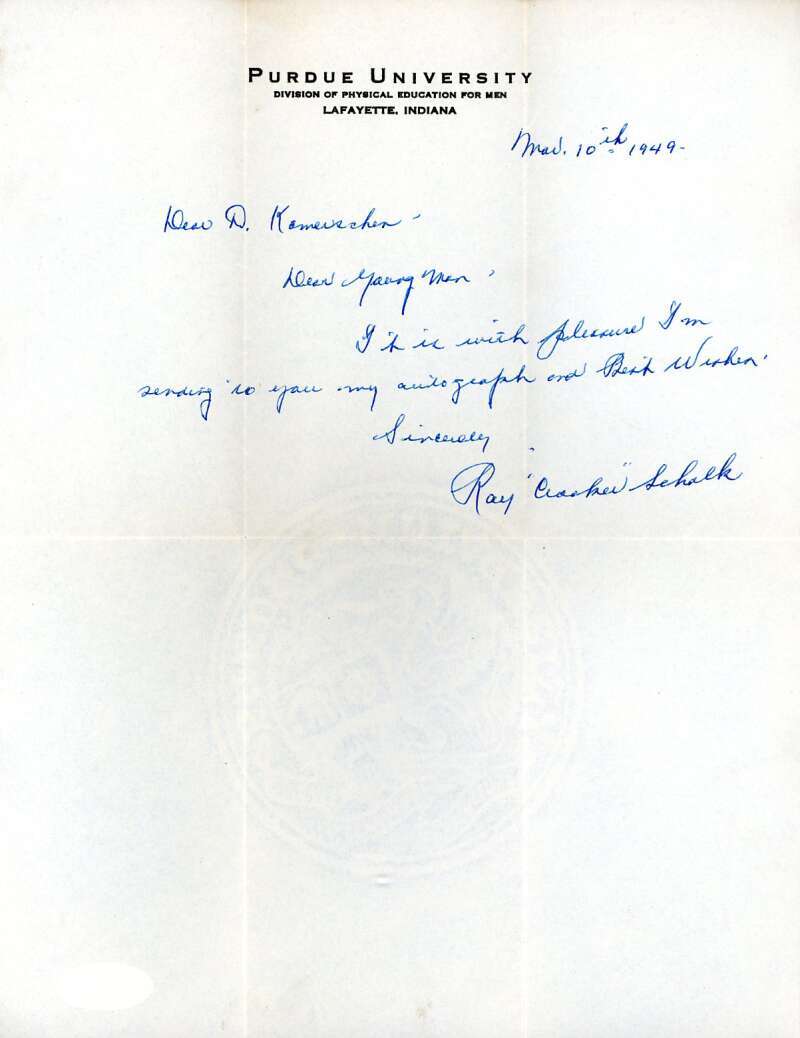 Ray Schalk JSA Coa Signed 1949 Purdue Personal Letter Autograph