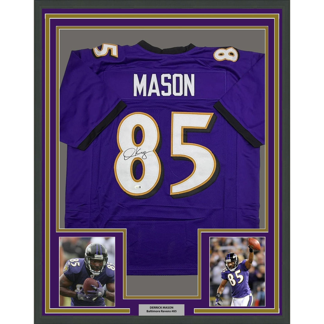 Framed Autographed/Signed Derrick Mason 35x39 Purple Jersey Beckett BAS COA
