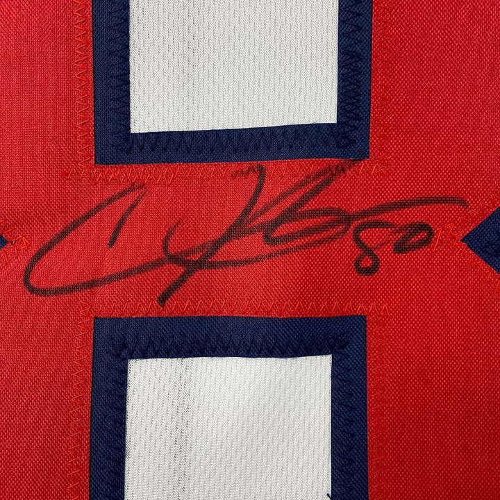 Framed Autographed/Signed Andre Johnson 35x39 Houston White Jersey JSA COA