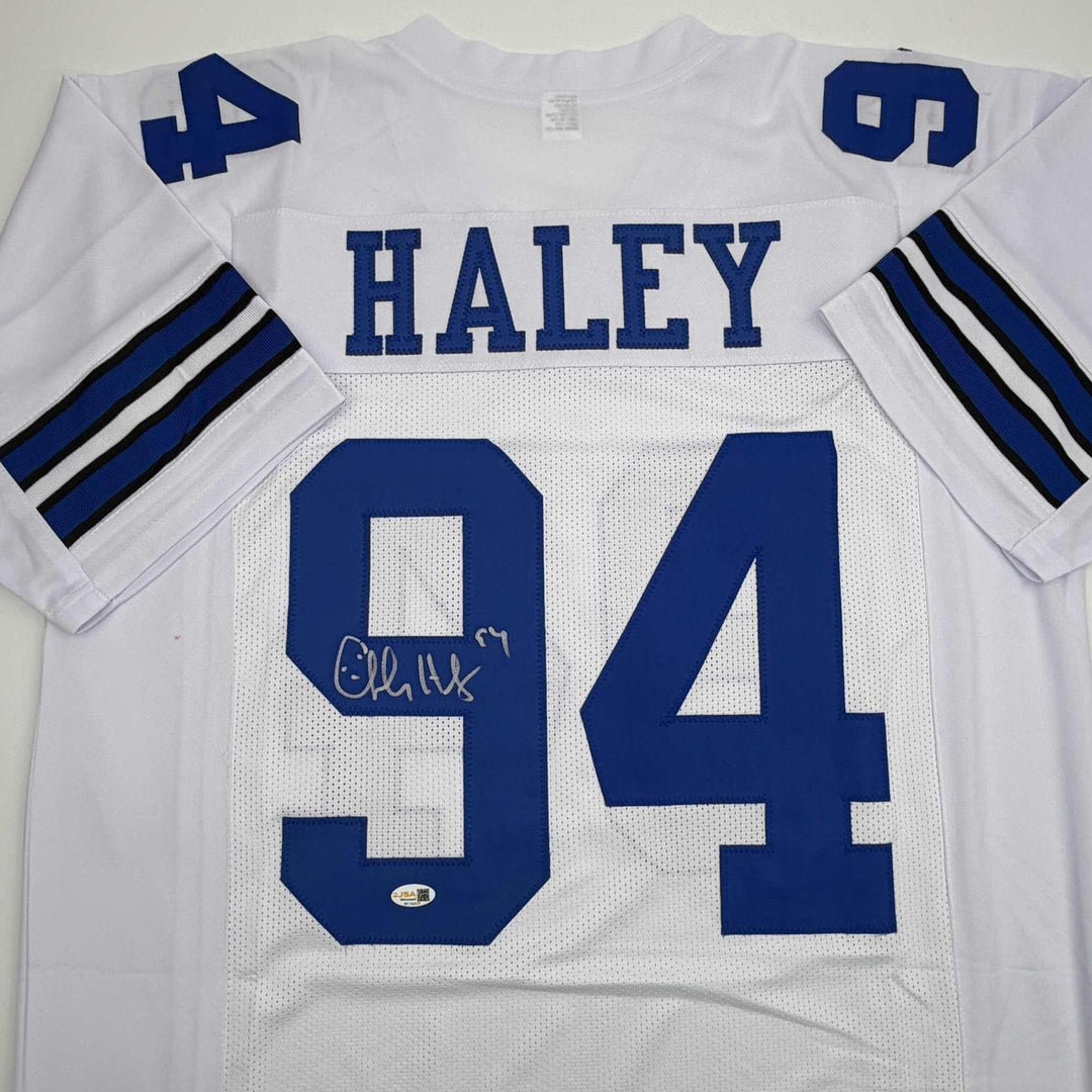 Autographed/Signed CHARLES HALEY Dallas White Football Jersey JSA COA Auto