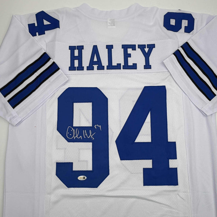 Autographed/Signed CHARLES HALEY Dallas White Football Jersey JSA COA Auto