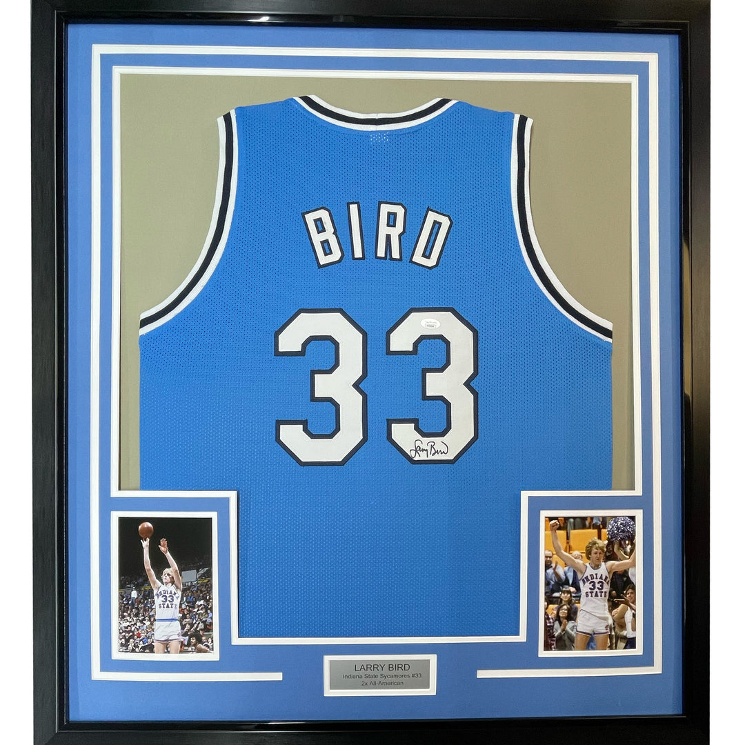 Framed Autographed/Signed Larry Bird 33x42 Indiana State Blue Jersey JSA COA