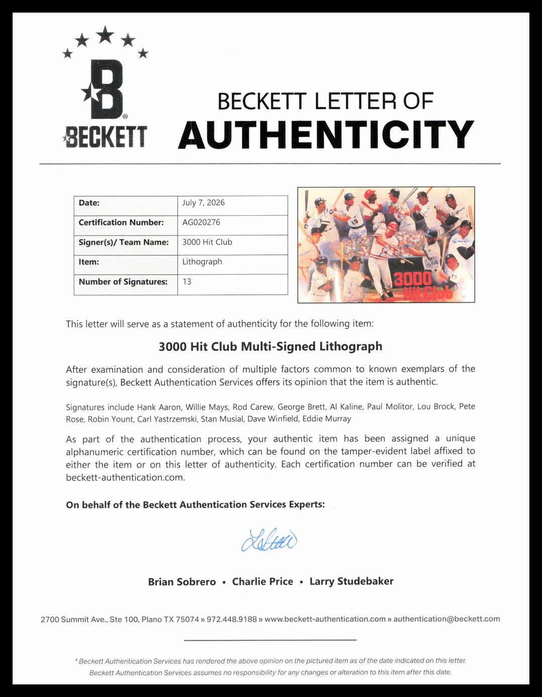 3000 Hit Club Signed 24x36 Lithograph Photo With 13 Sigs Willie Mays & Hank