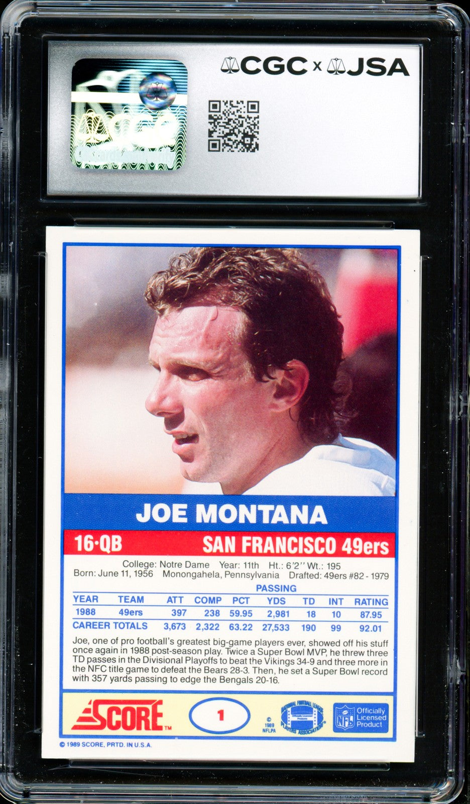 Joe Montana Signed 1989 Score Card 1 San Francisco 49ers Auto GM 10 CGC x JSA