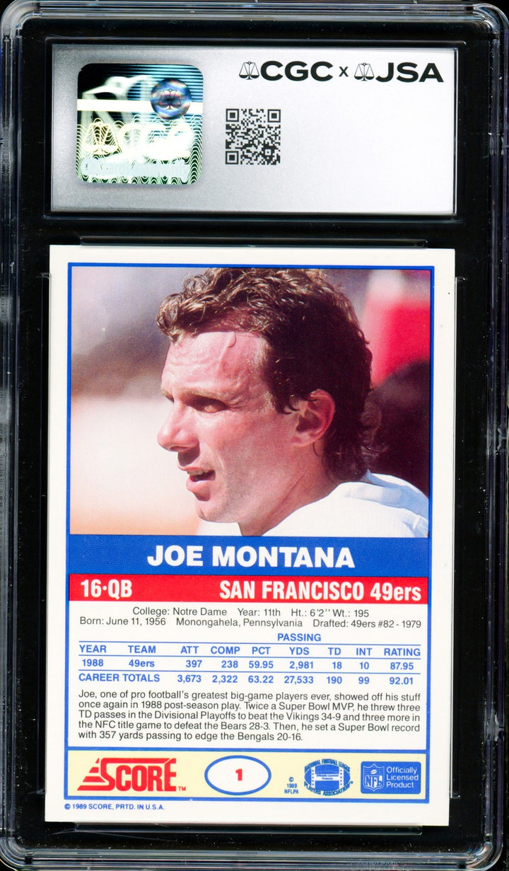 Joe Montana Signed 1989 Score Card 1 San Francisco 49ers Auto GM 10 CGC x JSA