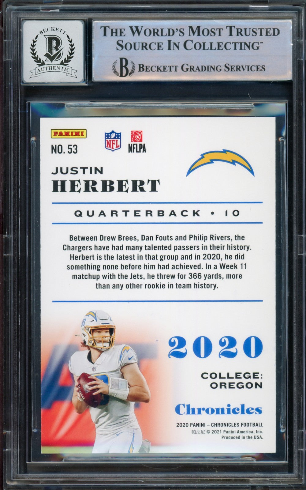 Justin Herbert Signed 2020 Panini Chronicles Teal Parallel RC 53 Sig 10 Beckett
