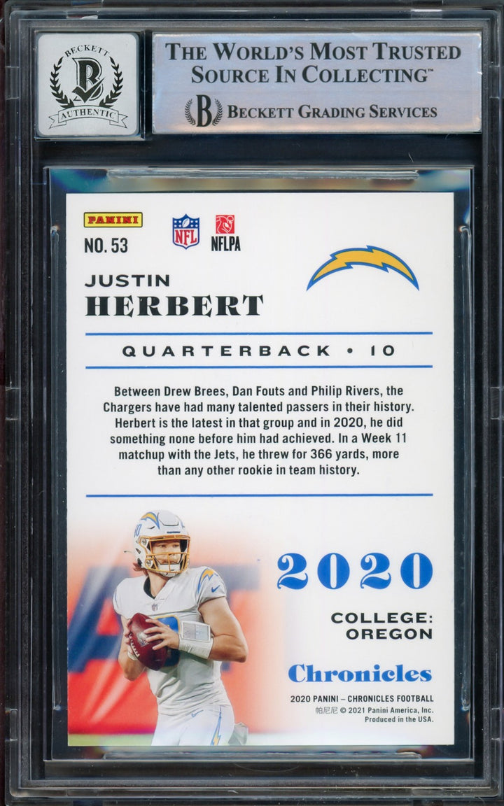 Justin Herbert Signed 2020 Panini Chronicles Teal Parallel RC 53 Sig 10 Beckett