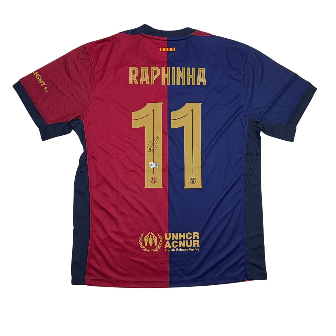 Autographed/Signed Raphinha FC Barcelona Navy #11 Jersey Beckett BAS COA