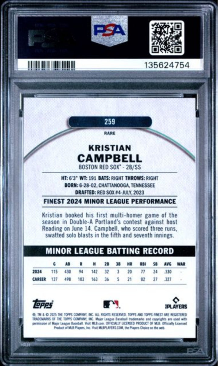 Graded 2025 Topps Finest Kristian Campbell #259 Rookie RC Card PSA 10 Gem Mint