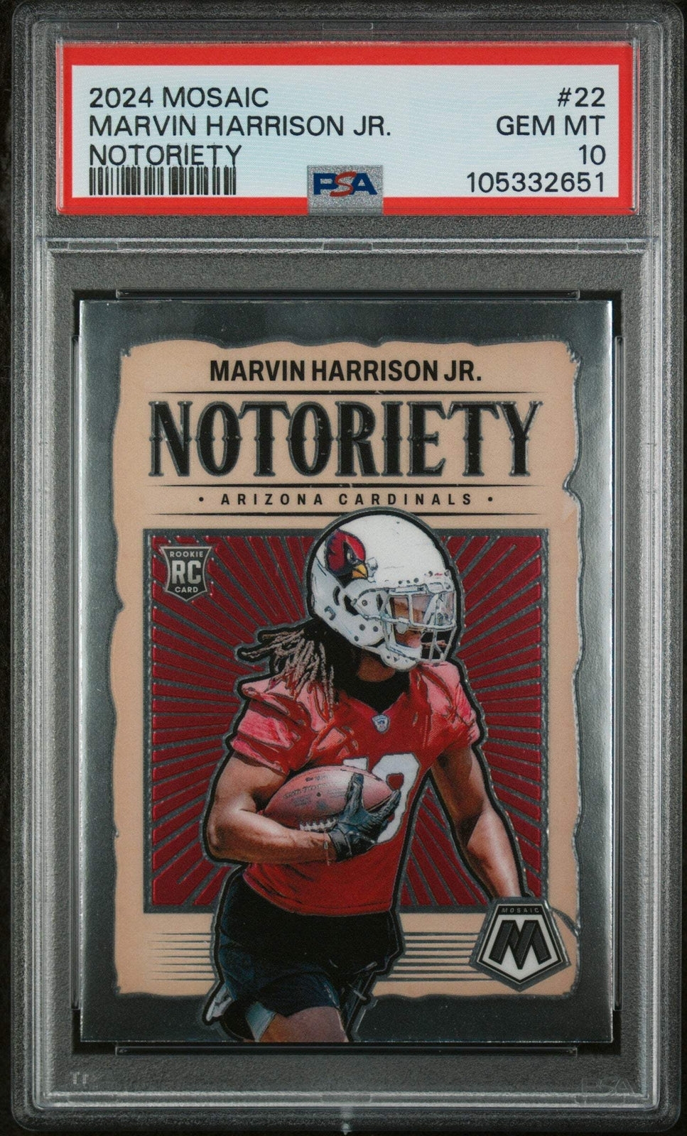 Graded 2024 Panini Mosaic Marvin Harrison Jr #22 Notoriety Football Card PSA 10