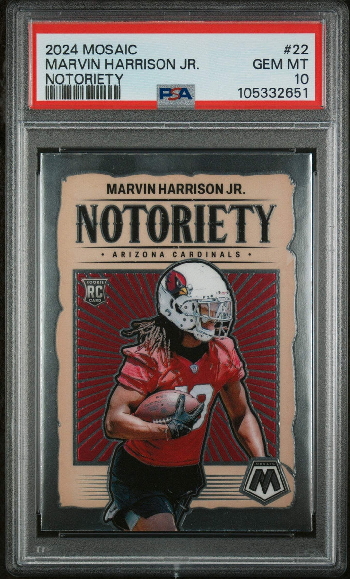Graded 2024 Panini Mosaic Marvin Harrison Jr #22 Notoriety Football Card PSA 10