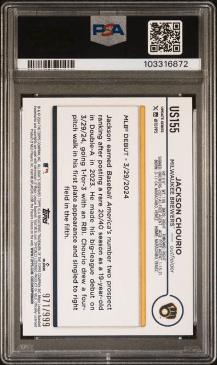 Graded 2024 Topps Upd Jackson Chourio #US155 Blue Holo /999 RC Card PSA 10