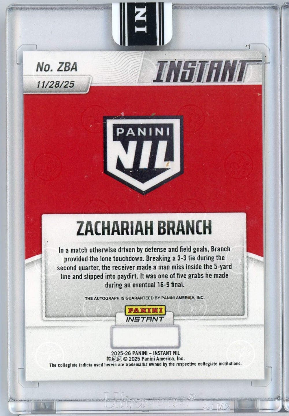 2025 Panini Instant Zachariah Branch #ZBA Auto Georgia Bulldogs RC Football Card