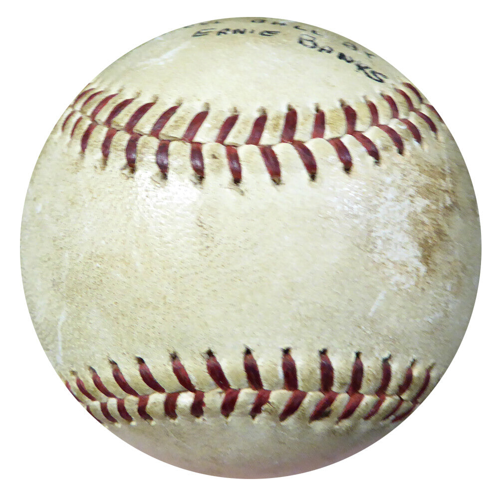 Ernie Banks Auto NL Game Used Baseball Cubs Vintage Sig "Foul Ball 1960" PSA/DNA