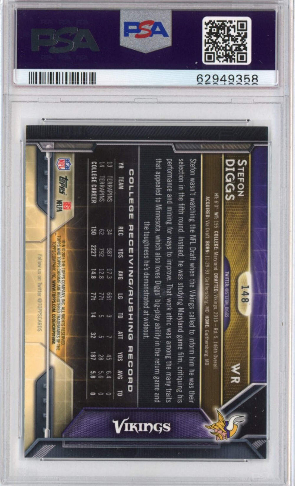 Graded 2015 Topps Chrome Stefon Diggs #148 Refractor Rookie RC Football Card PSA