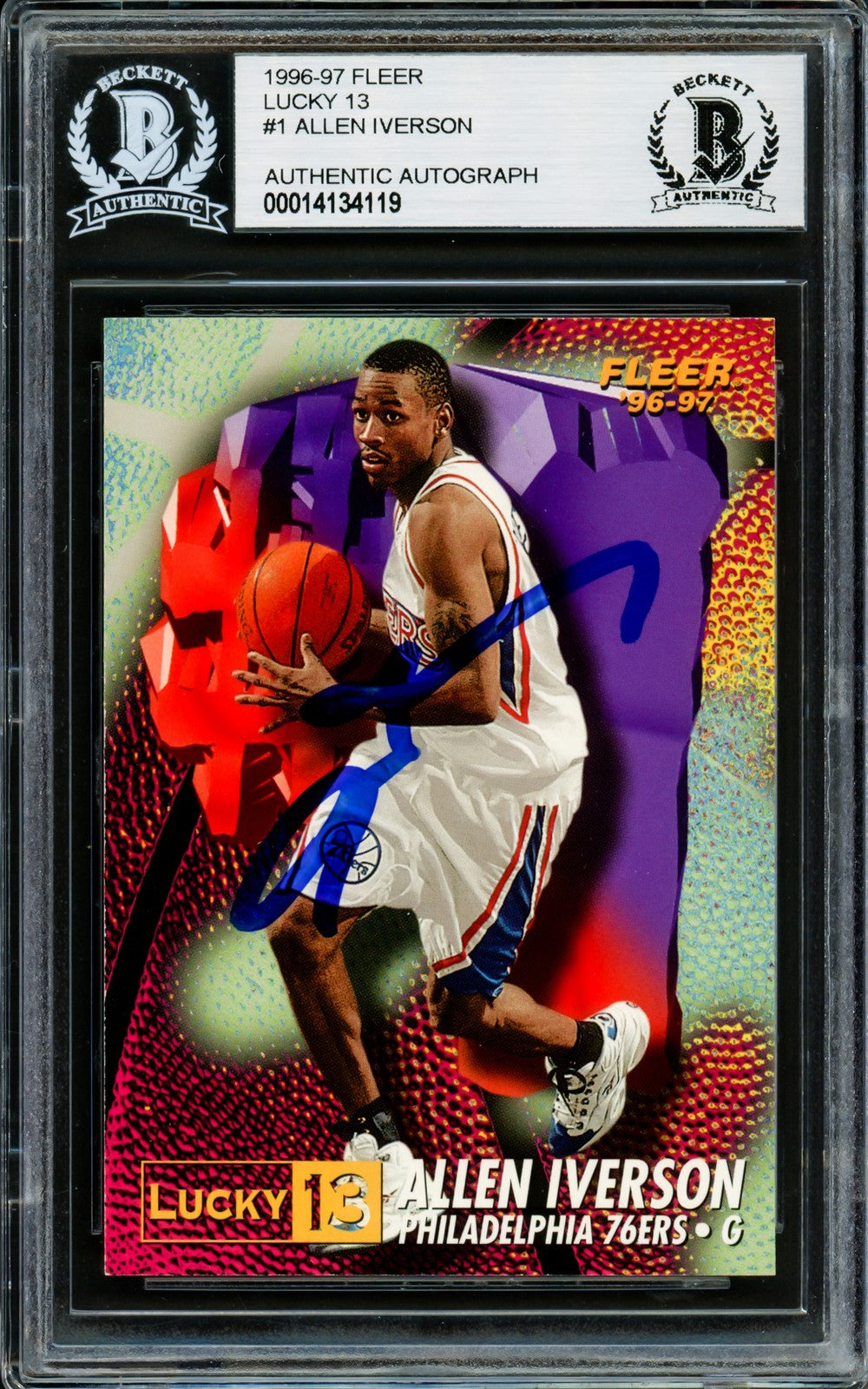 Allen Iverson Signed 1996-97 Fleer Lucky 13 RC 1 76ers Beckett #14134119