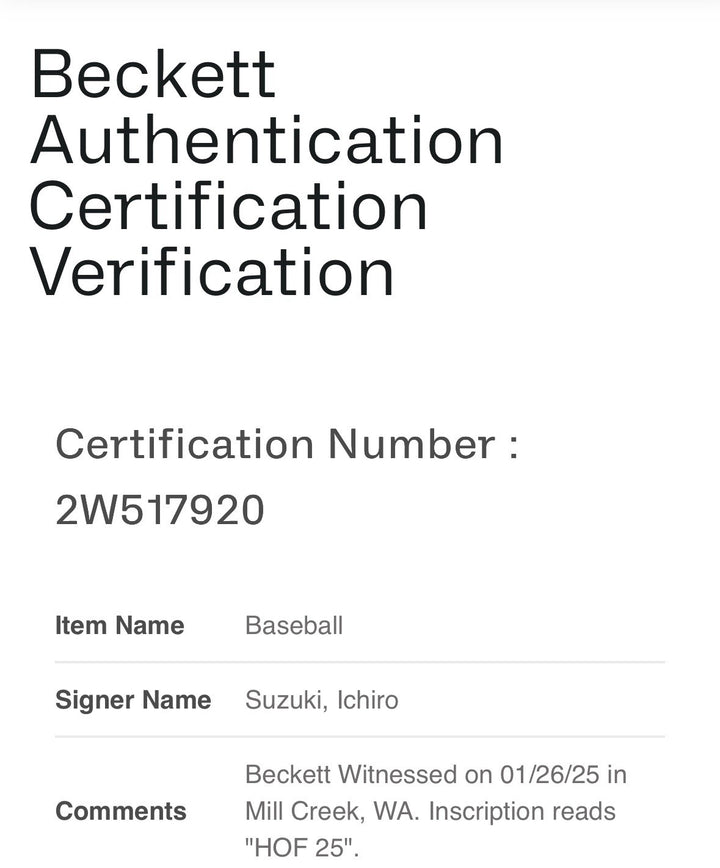 Ichiro Suzuki Signed Official MLB Baseball Mariners HOF 25 Autograph BAS COA