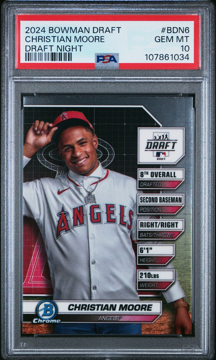 Graded 2024 Topps Bowman Draft Christian Moore #BDN6 Night RC Card PSA 10