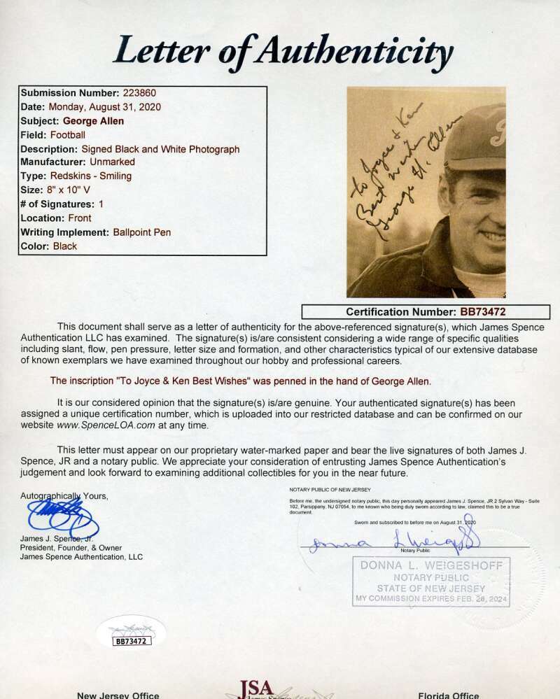 George Allen JSA Coa Hand Signed 8x10 Photo Autograph