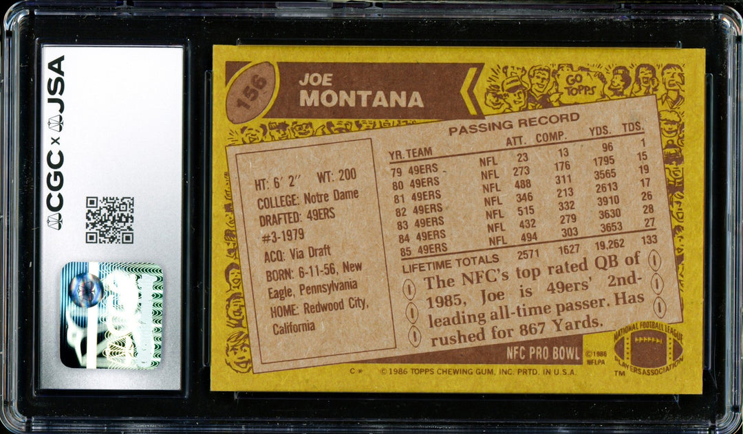 Joe Montana Signed 1986 Topps Card 156 49ers Grade 8 Auto GM 10 CGC x JSA