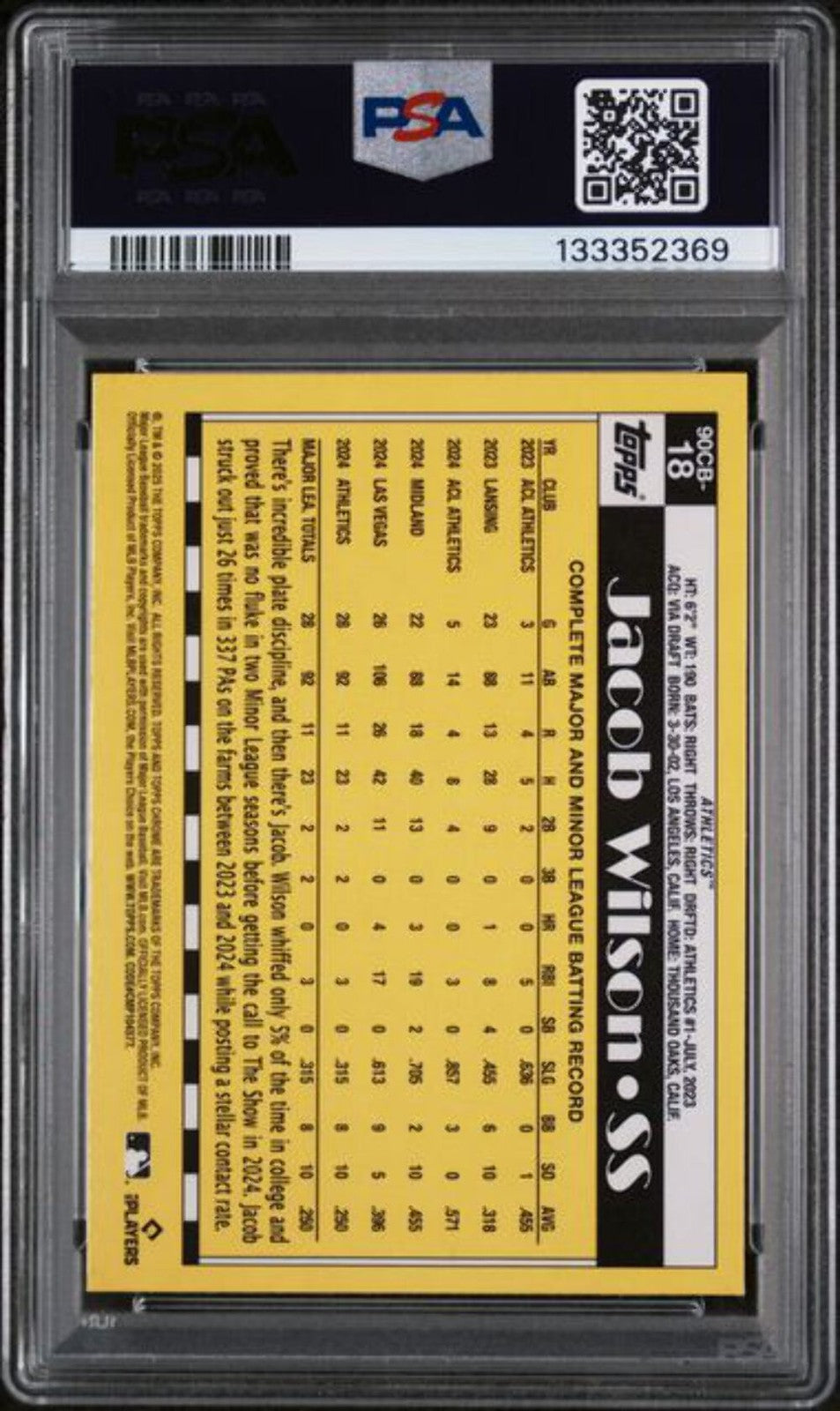 Graded 2025 Topps Chrome Jacob Wilson #90CB18 1990 Topps Rookie RC Card PSA 10