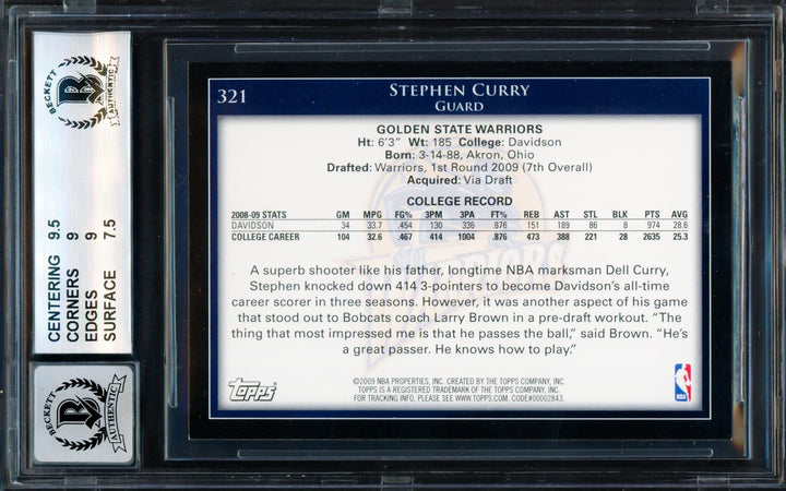 Stephen Curry Signed 2009-10 Topps RC 321 Warriors BGS 8.5 Auto Mint 9 Beckett